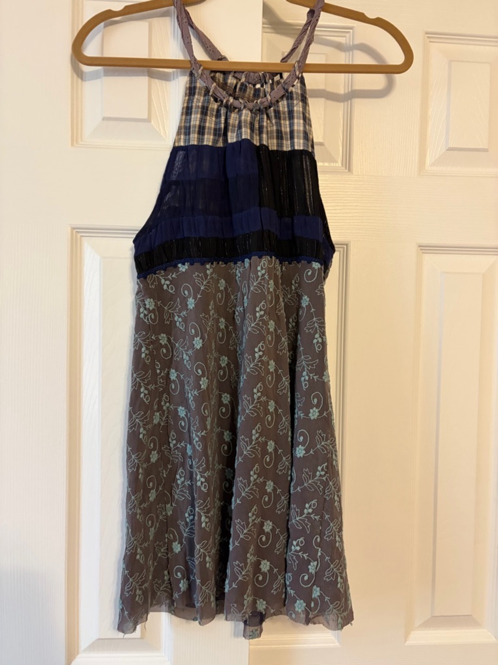 Free People Plaid Button-Down Shirt in Navy, Beige, Teal size medium vintage